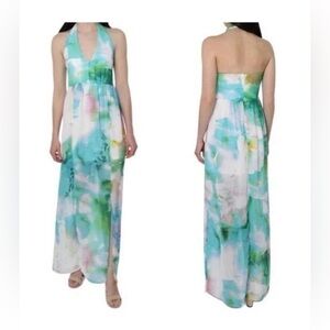 BEBE Women’s Watercolor Floral Open Knee Halter Maxi Dress Prom Wedding Size: 4